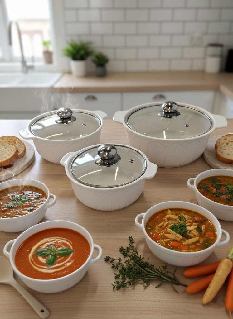 3-Piece Ceramic Soup Bowl Set With Glass Lid White/Silver; Small Bowl 8.5 Inch, Medium Bowl 10 Inch, Large Bowl 11.5 Inch